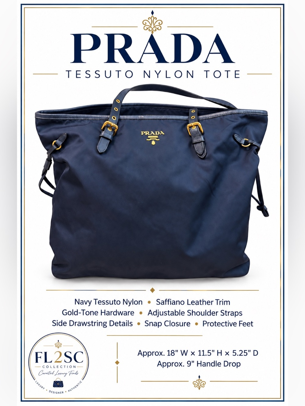 Prada Navy Tessuto Nylon Tote with Gold-Tone Hardware